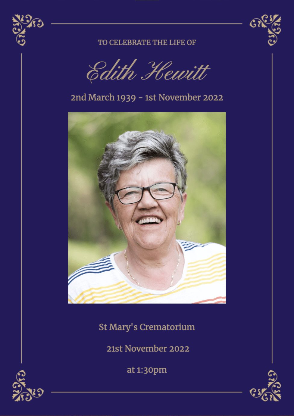 Ornate Border and Navy Background Funeral Order Of Service