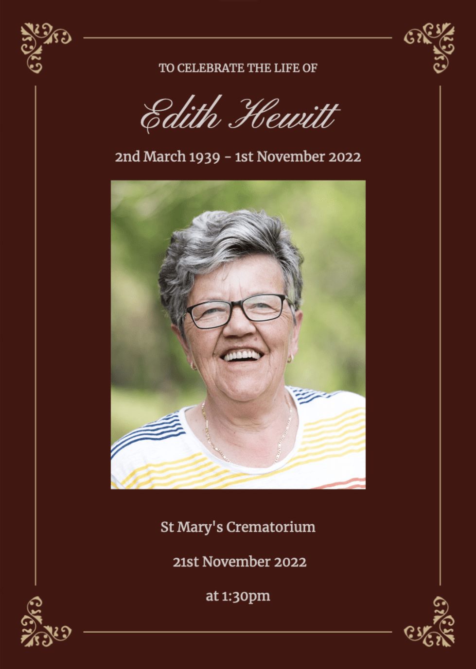 Ornate Border and Dark Red Background Funeral Order Of Service